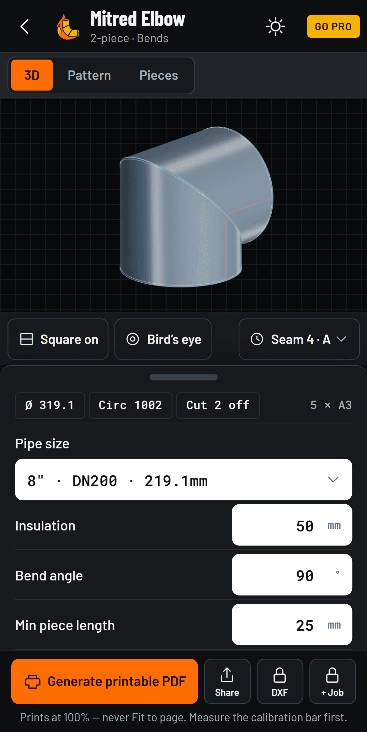 The form: 8 inch pipe, 50 mm insulation, 90 degree bend